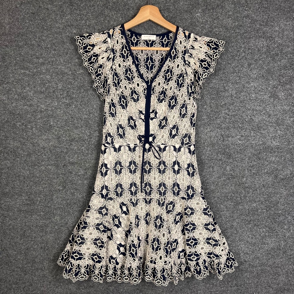 Sandro Paris Eyelet Lace Dress Womens 36 Navy White Excellent V-Neck Ruffle Mini